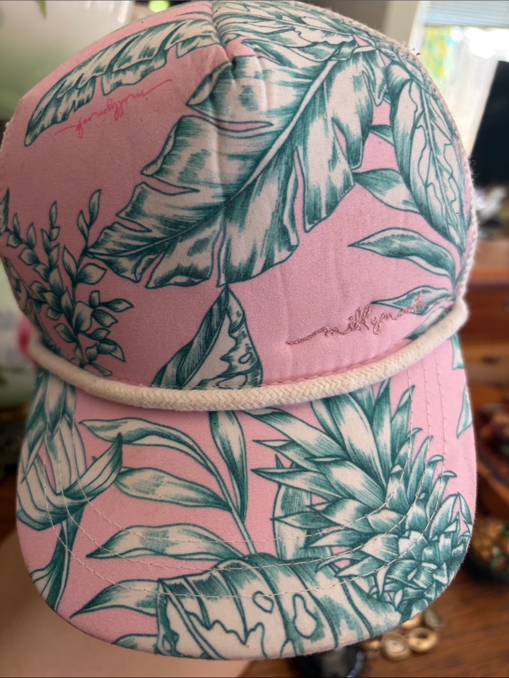 Tropical Print Pink Rope-Trim Hat